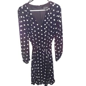 NWT Chelsea Rose Black White Long Sleeve Polka Dot Midi Dress